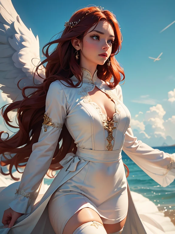 (best quality,8k:1.2,high resolution:1.2),epic cinematic image,glorious appearance,ultra-detalhado,Realistic,vintage godess angel female,long red curly hair,rosto extremamente detalhados,long eyelashes,big angel wings,soft white dress,suntan tights,metalic accessories,Physically-based rendering,sharp focus,natural lighting