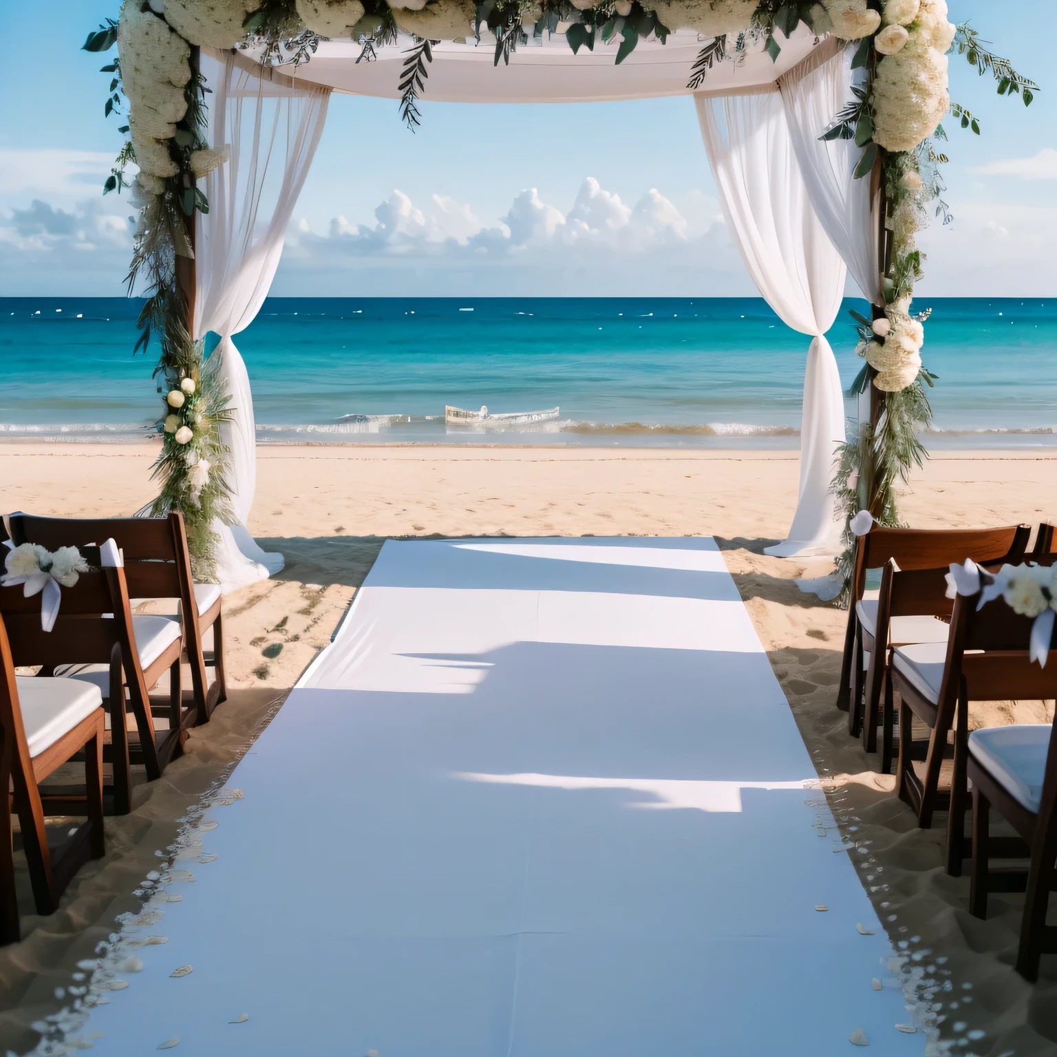 arafed Wedding ceremony setup on the beach with white flowers, in the coastal zone, A glamorous setting, beach setting, Wedding, luxurious Wedding, Beautiful setting, beautiful high resolution, perfect detail, Against a picturesque backdrop, breathtaking composition, paradise in the background, White wide arches, serene beach setting, romantic atmosphere, Sandra, wide full shot, Breathtaking