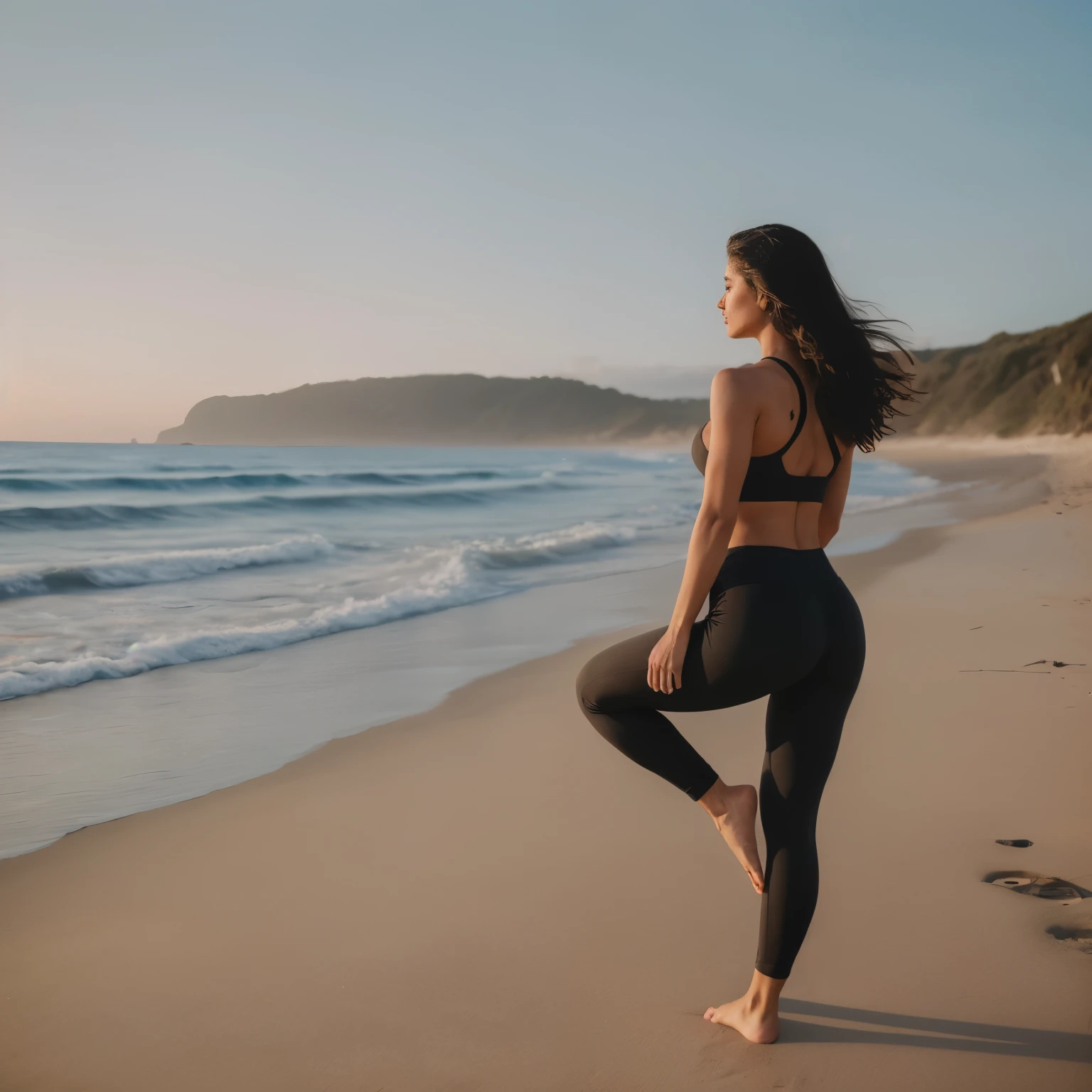 ((Masterpiece)), ((Best Quality)), 8K, HD, Super Detail, (Woman), ((Masterpiece)), ((8k best quality)) a 22year old fitness model standing on a beach in workout outfit doing yoga full body backview with sunrise on the sea, realistic sea waves black hairs ruffles on her naked shoulder.