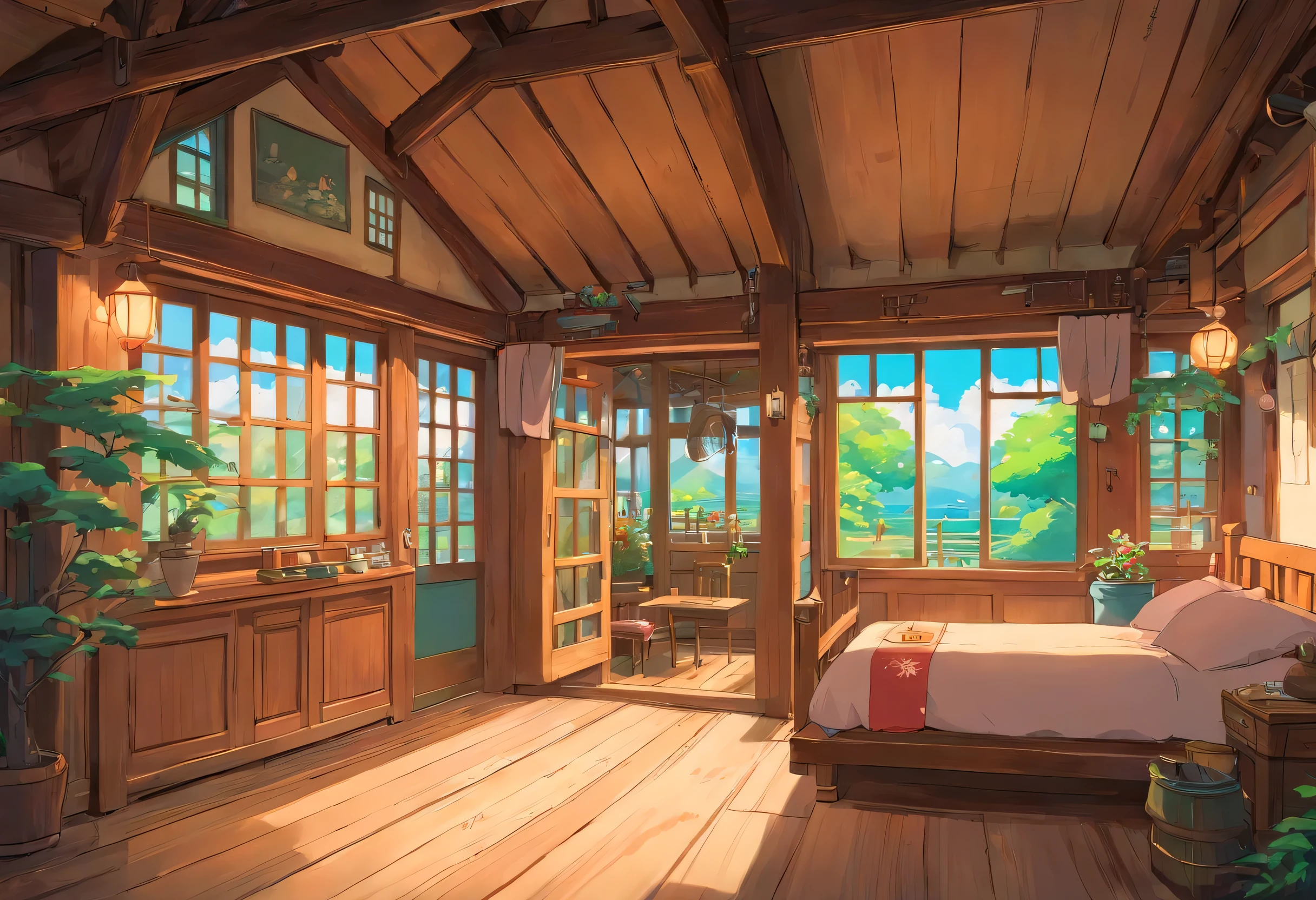 in a wooden house,Very wide,There is a window,