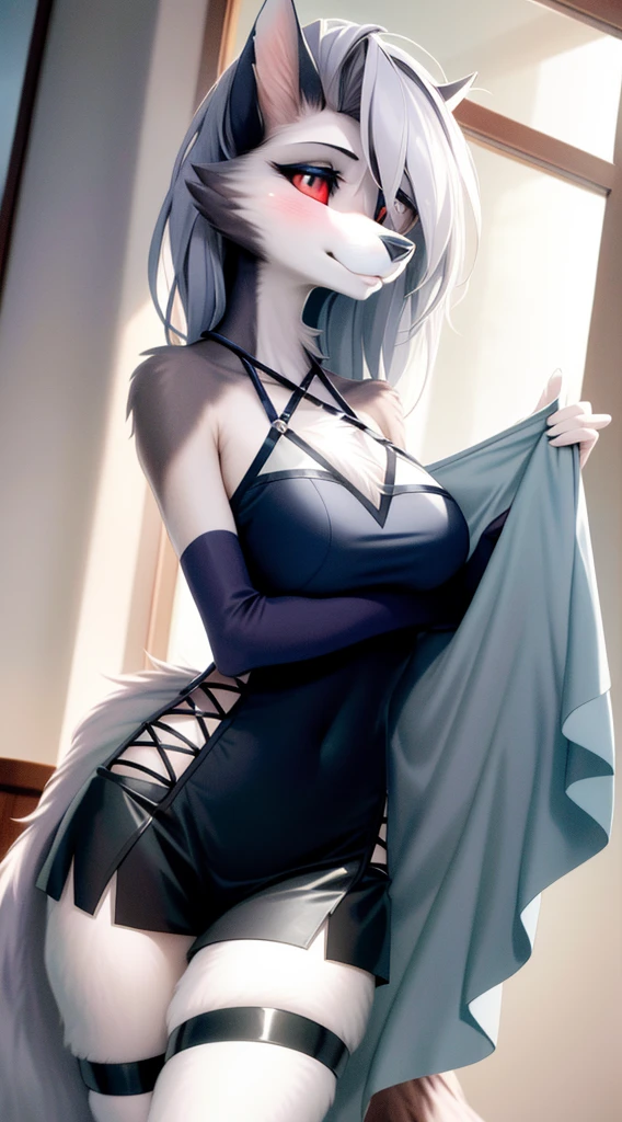 In the heartwarming world of anime, there exists a captivating image of a girl with a distinct charm. With her medium-sized breasts, she dons a simple , adding a touch of innocence to her unique persona. The gentle color of her blue fur, reminiscent of a wolf's, blankets her form, lending an otherworldly allure that draws the viewer in. As she gazes off into the distance, her thoughtful expression is captured immaculately in this portrait. The background, while straightforward, allows her furry, 1.5-toned beauty to take center stage, leaving a lasting impression on all who behold her.