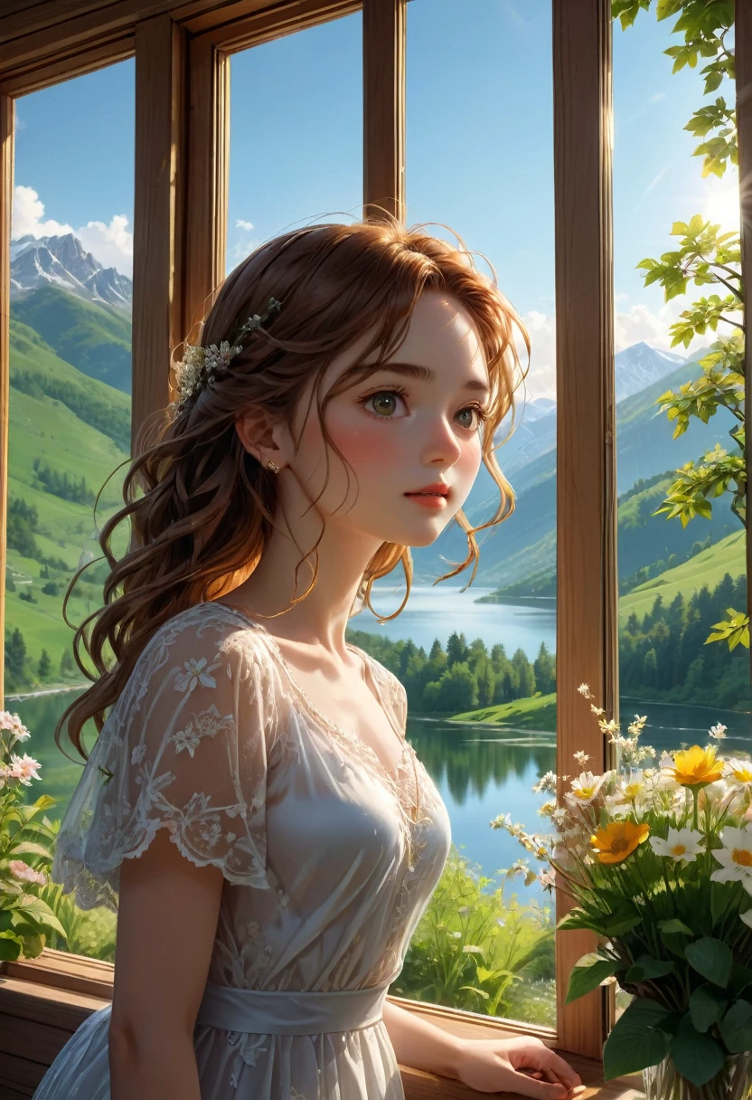 1girl, The View Outside the Window, (4k,8k,highres,:1.2),ultra-detailed,(realistic,photorealistic,photo-realistic:1.37),indoor view,window view,outside scene,outdoor scenery,breathtaking landscape,panoramic view,serene atmosphere,clear blue sky,rolling hills,green meadows,colorful flowers,trees swaying in the wind,sun shining brightly,golden sunlight streaming in through the window,glimmering lake in the distance,crystal-clear water,reflection of the sky on the water surface,lush forests,majestic mountains on the horizon,peaceful countryside,tranquil setting,quiet ambiance,gentle breeze rustling the leaves,morning mist over the fields,tiny birds chirping,soft rays of sunlight illuminating the room,nature's beauty at your doorstep,serenity of the outside world,boundless beauty right outside the window . masterpiece, best quality, very aesthetic, absurdres, aesthetic