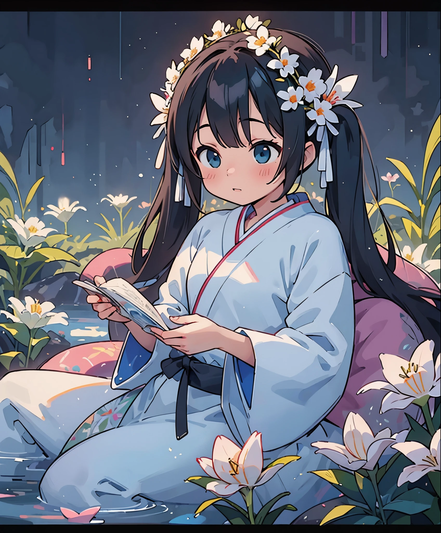 (masterpiece、highest quality、highest quality、official art、beautiful beautiful:1.2)、(1 girl:1.3)Hatsune Miku、twin tails,big breasts,A lily was quietly shining in the darkness。Its chastity iake you feel the darkness around you more deeply、noble beauty, on the contrary, It was alleviating loneliness and despair。Behind the glamorous beauty、There seems to be a hidden dark story.、Everyone was obsessed with the mystery。Japanese clothing、dark