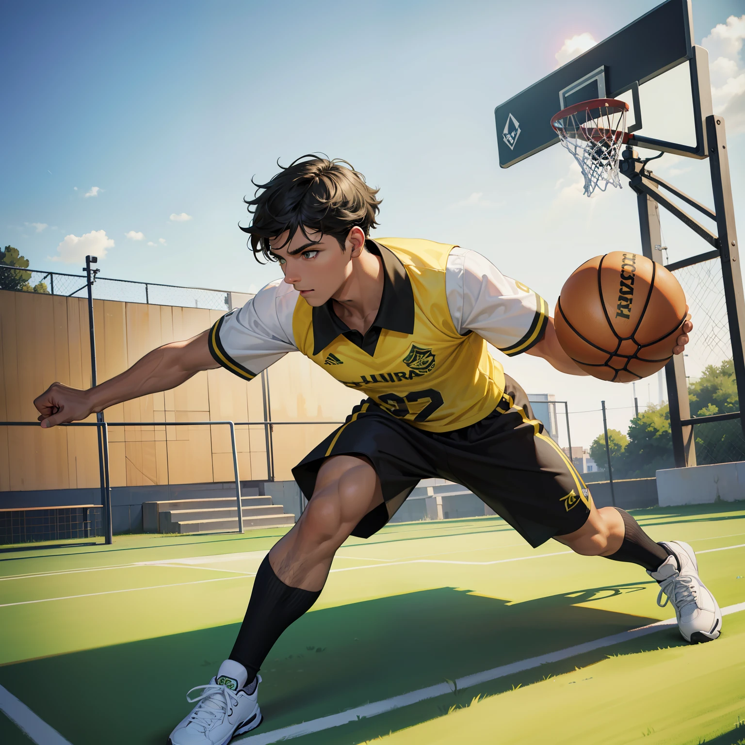 obra maestra, alta calidad, Mejor calidad, High Definition, realista, perfect lighting, cuerpo detallado, 1 hombre, ojos negros, cabello corto, corte de pelo negro, Jugar a la canasta, verde & Uniforme de canasta amarilla, Fondo de cancha de baloncesto.