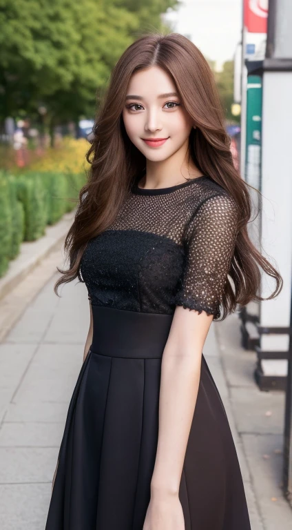 ((highest quality, 8K, masterpiece :1.3)), 1 girl, smile, full body, slim face, Beautiful woman, (dark brown hair), full length dress :1.1, super detailed face, fine eyes, double eyelid, blur background, slim face, city, outside, street,mini skirt