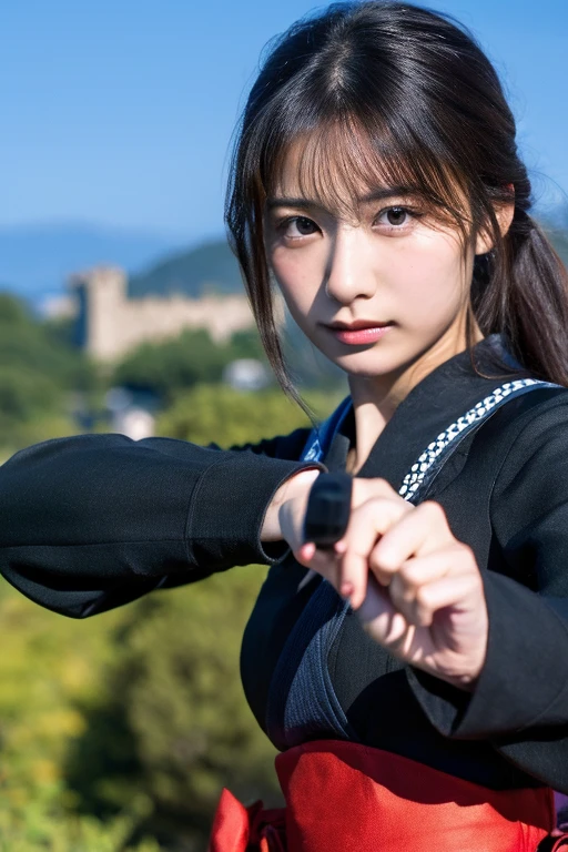 1 girl,full body photo,Japanese,25 years old, medium length black hair,Green Highlight Hair,a little freckles,traditional clothing,Super high quality output image,High resolution,intricate details,Her hair blowing in the wind is so delicate and beautiful,realistic pictures,dream-like,professional lighting,realistic shadow,focus only,beautiful hands,beautiful fingers,Detailed functions of fingers,Detailed clothing characteristics,Detailed characteristics of hair,detailed facial features,Japan castle in the background、Belt sword、Draw your sword、Female samurai serious expression、Highly detailed eye resolution、black clothes