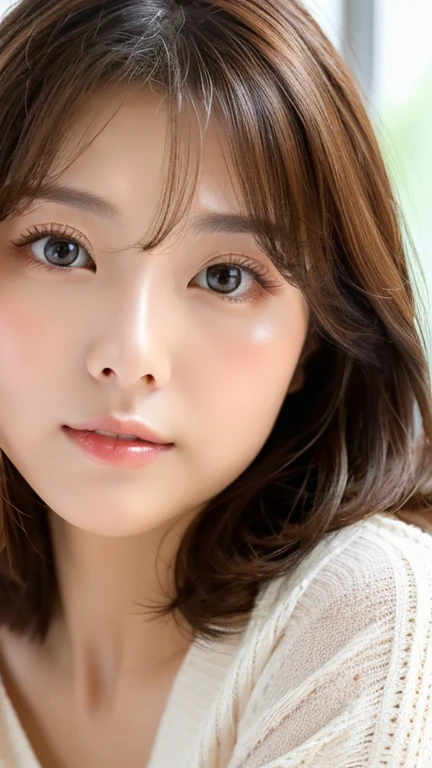 masterpiece、highest quality、High resolution、realistic、bright lighting、smooth lighting、japanese woman、Adult pretty woman、super beautiful、beautiful skin、slim、medium big breasts、short hair、shiny chestnut hair、brown eyes、Big eyes、Invisible tear bags、gentle expression、look at the camera、Big eyes、light brown knit、long skirt in dark brown color,,、Standing in front of you、YouTube、clear white skin、28 years old、baby face、droopy eyes、head and all、light makeup、hide the chest