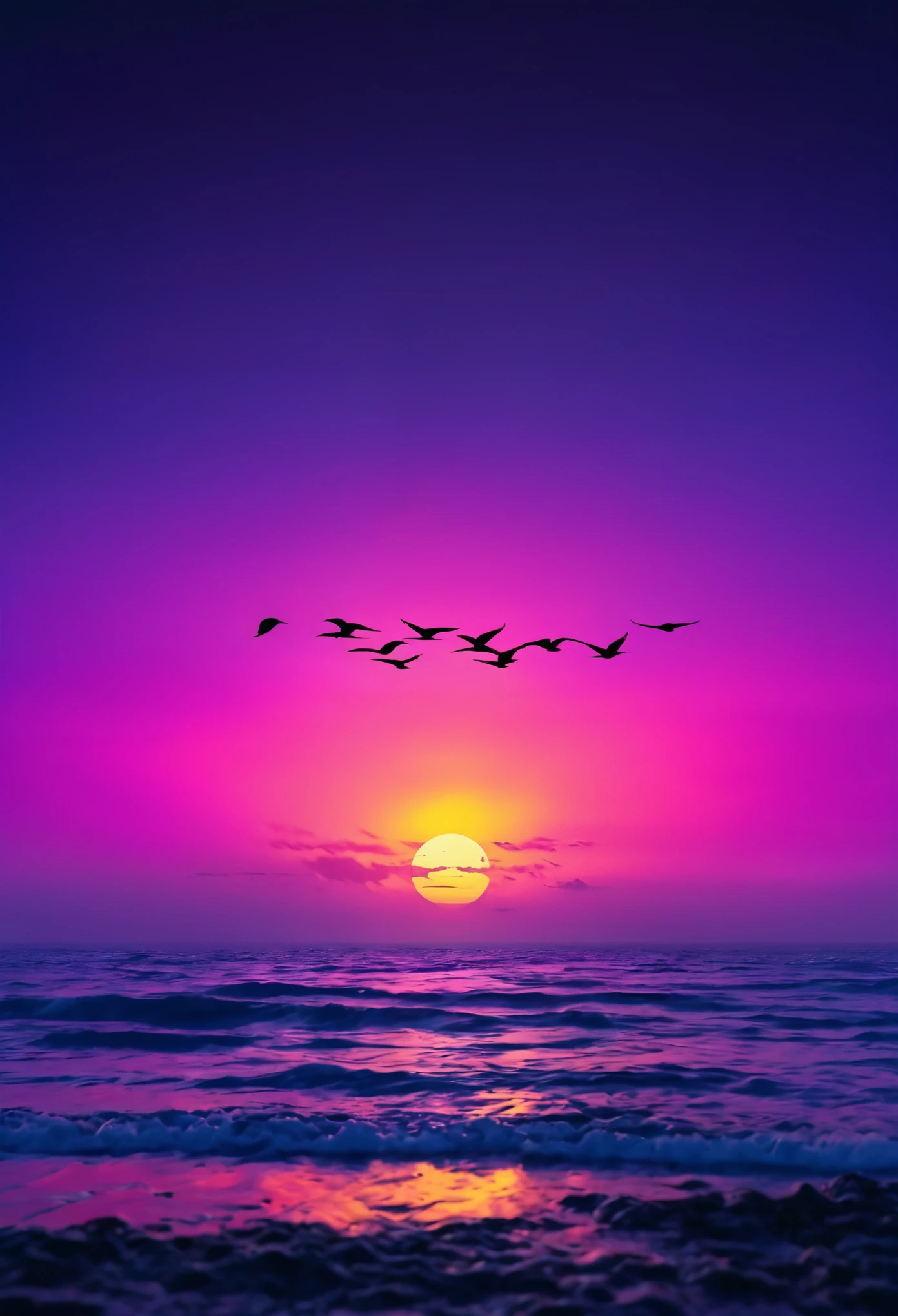 Noisy horizon in neon style beautiful flying birds against the background of the horizon couple in love 