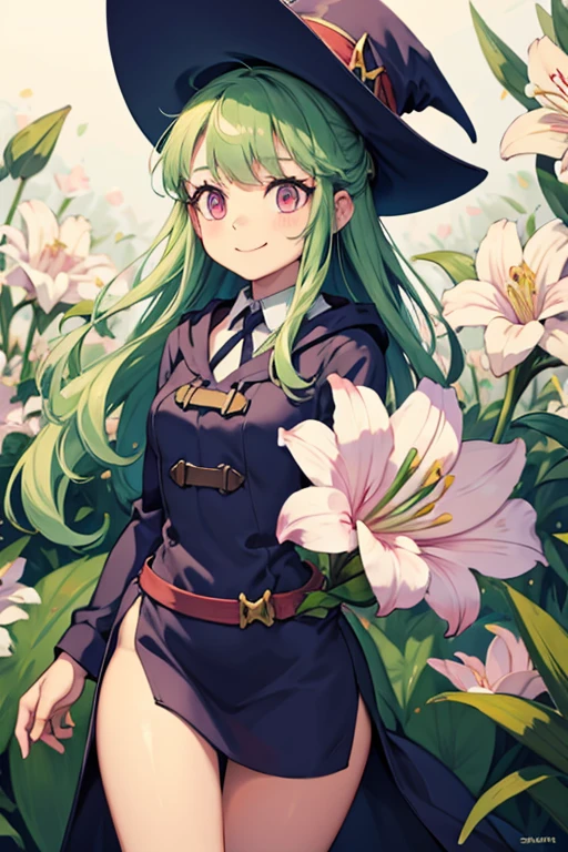 a light green haired female witch with pink eyes with an hourglass figure wearing a conservative Victorian dress is smile in a flurry of Lily petals