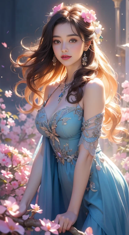 (highest quality,4k,8K,High resolution,masterpiece:1.2),Super detailed,(now,realisticに,realistic:1.37),girl in a luxurious blue dress,His eyes were sparkling with joy, Her lips were slightly curved，優しいsmileを見せる. The sun casts a warm golden light on her face, It enhances her beauty. The flowers are bright pink and purple、A wide range of soft pastel colors。, Create a harmonious and visually pleasing composition. soft and diffused lighting, Creates a fantastical and magical atmosphere. girl standing in the middle of the field, Please raise your arms a little, Enjoy the beauty of nature. A carefully balanced formula, girl&#39;Off-center position, Create a sense of movement and vitality. The flowers are carefully painted in detail......, Each petal and leaf is carefully depicted.. girl&#39;The skirt wraps her elegantly, Adds elegance and femininity to any occasion. All inclusive, Works that evoke happy feelings, Enshrine, Appreciation for the beauty of nature.smile