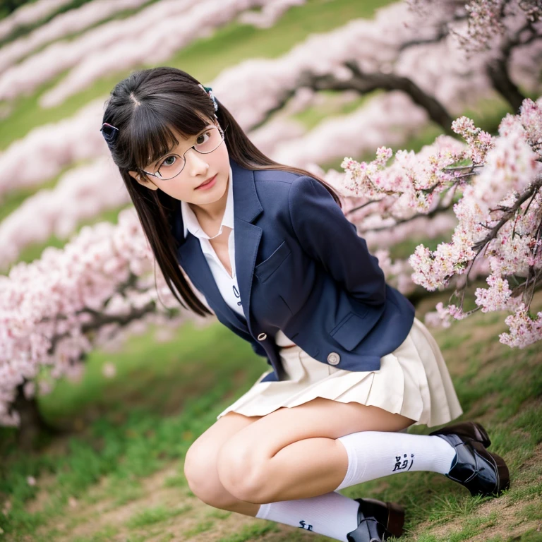 (masterpiece, highest quality, High resolution,8K), Beautiful 15 year old Japanese student, wear glasses, beautiful black hair, wear glasses, Traditional ,(navy blue blazer,white collared shirt, dark red bow tie, Checkered grey pleated skirt, white socks, black loafers), big breasts, cleavage, Rows of cherry blossom trees in full bloom, Photographed at the best angle