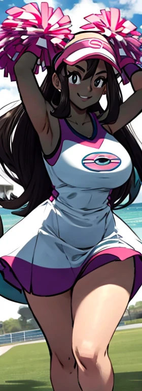 (Pokemon Rosa:1.2), beautiful,masterpiece, (smirk),((gigantic breasts)),smile,best quality, ((cheerleader:1.1)) dress, silky dress, slutty dress, outdoors,sunny,(1girl:1.3), wide hips, loose top, , hyper realistic, (facing towards camera), bending forward, partially breasts, boob window, volleyball size breasts, Slutty , slutty expression