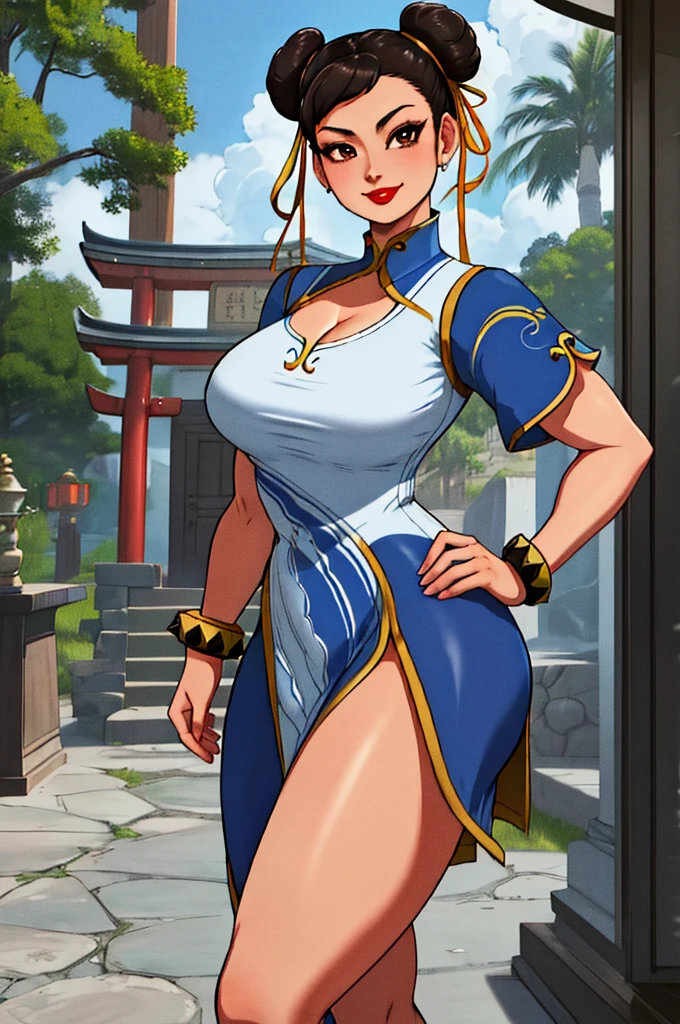 chun-li sf6, solo asian lady, short brown hair, double buns, hair ribbon, brown eyes, jewelry, hands on hips, smile (red lips) eyeshadow, makeup, athletic figure, muscular, wide hips, chinese clothes, white dress, pelvic curtain, short sleeves, huge breasts, cleavage, blue pants, thick thighs:1.3, spiked bracelet, outdoors porch, shrine, ((highres, curvilinear, 4K))