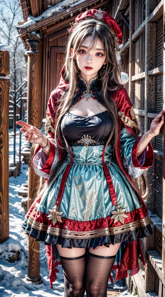 photorealistic, masterpiece, photorealistic, high resolution, soft light, hips up, Lolita costume，Cloak (Snow, Outdoor activities in winter:1.2)