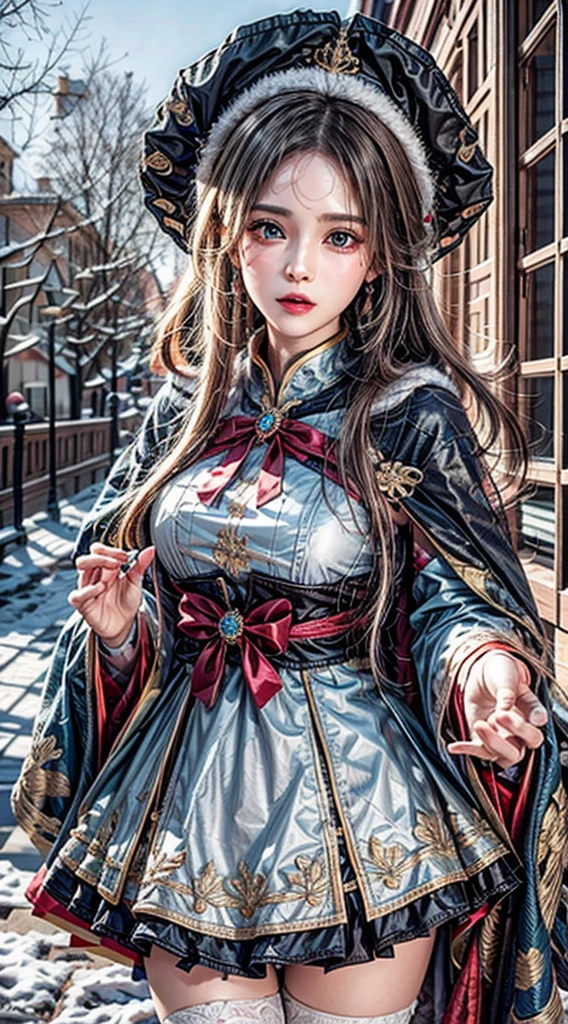 photorealistic, masterpiece, photorealistic, high resolution, soft light, hips up, ****ta costume，Cloak (Snow, Outdoor activities in winter:1.2)