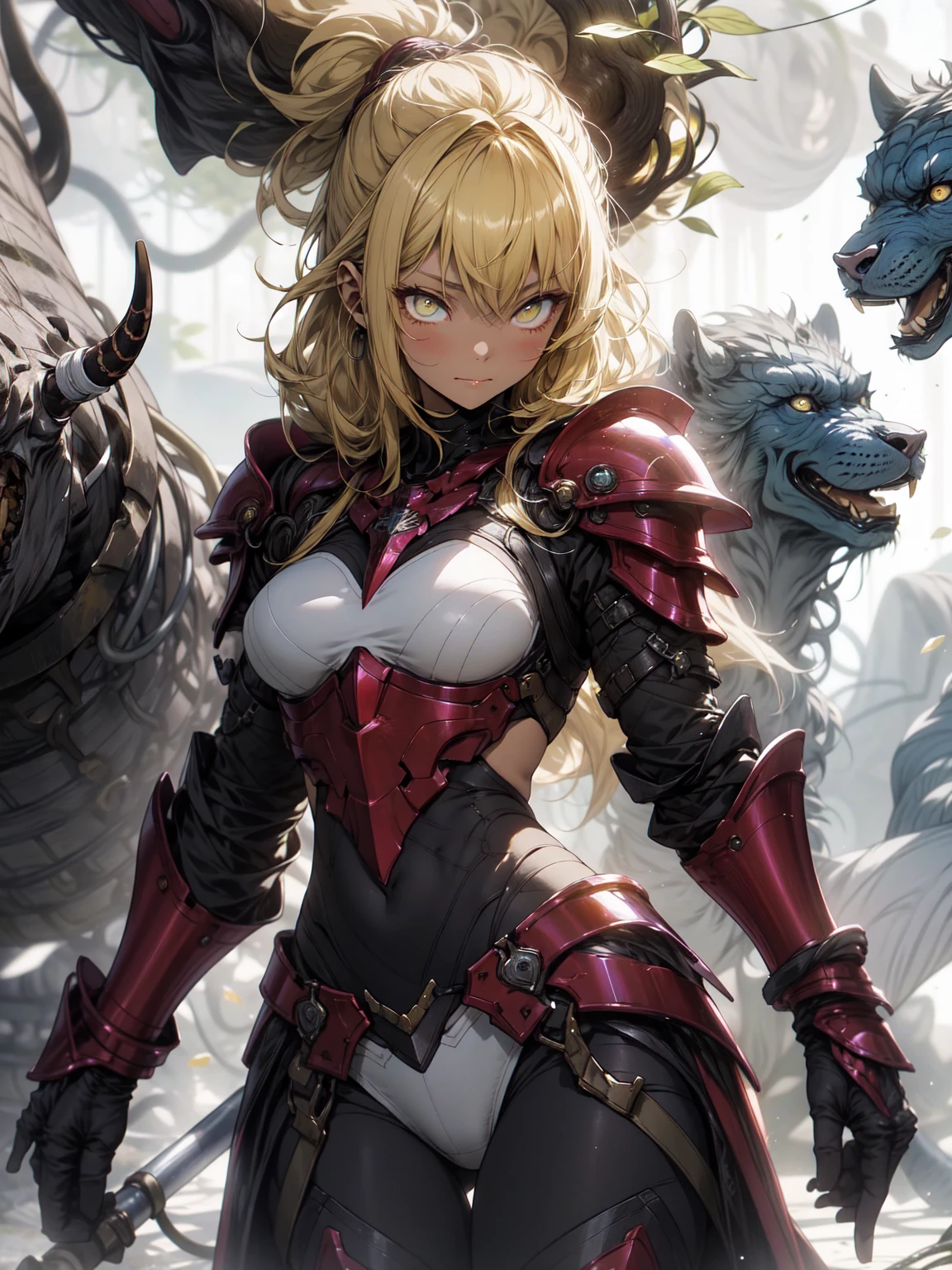 be realistic,(masterpiece,highest quality,highest quality,very detailed,fractal art,most detailed,(background is abstract:1.5)(1 girl),Kamimei,(yellow hair ponytail),(Yellow eyes shine、breasts get bigger,stunned),、crystallization,high leotard、sexy、machine armor、tanned skin、demon horn、berserk、armor skirt