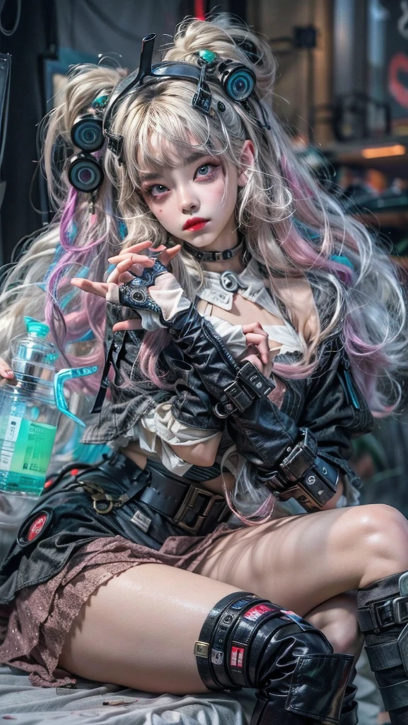 offcial art, Unity 8k wallpaper, Ultra detailed, Beautiful and aesthetic, Beautiful, Masterpiece, Best quality, 8K, Skin texture:1.4, tmasterpiece:1.4,Pose behind beauty，(Cyberpunk style Lolita costume in random colors)，(Focus on the knee)，The face is clear，