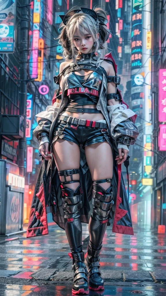 offcial art, Unity 8k wallpaper, Ultra detailed, Beautiful and aesthetic, Beautiful, Masterpiece, Best quality, 8K, Skin texture:1.4, tmasterpiece:1.4,Pose behind beauty，(Cyberpunk style ta costume in random colors)，(Focus on the knee)，The face is clear，