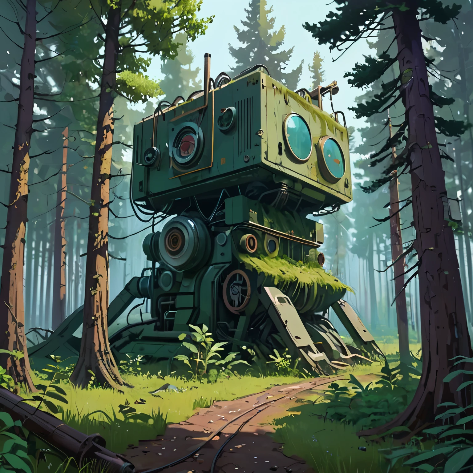 (dense forest:1.5) A place where destroyed places are lined up (biomechanical machinery:1.3) (overgrown:1.3) in the style of (Simon Stalenhag:1.2) 