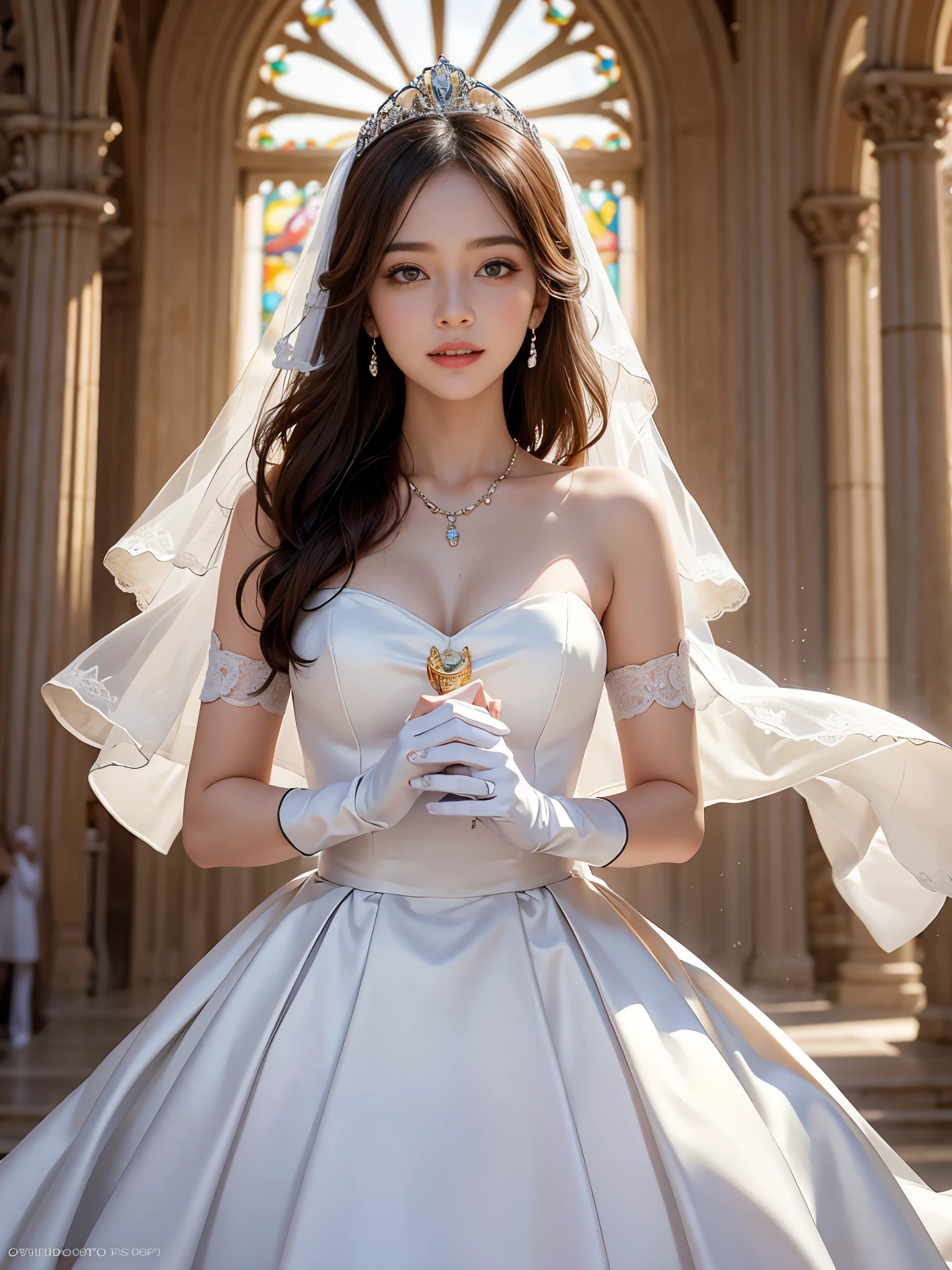 best quality, masterpiece, 1 girl, (huge laugh), , shiny lips, sweet, sun glare, Conservative attire, white gloves, Bead material bell-line wedding dress, bridal tiara, depth of field, blurred background, Cathedral Background, light particles, strong wind, head tilt