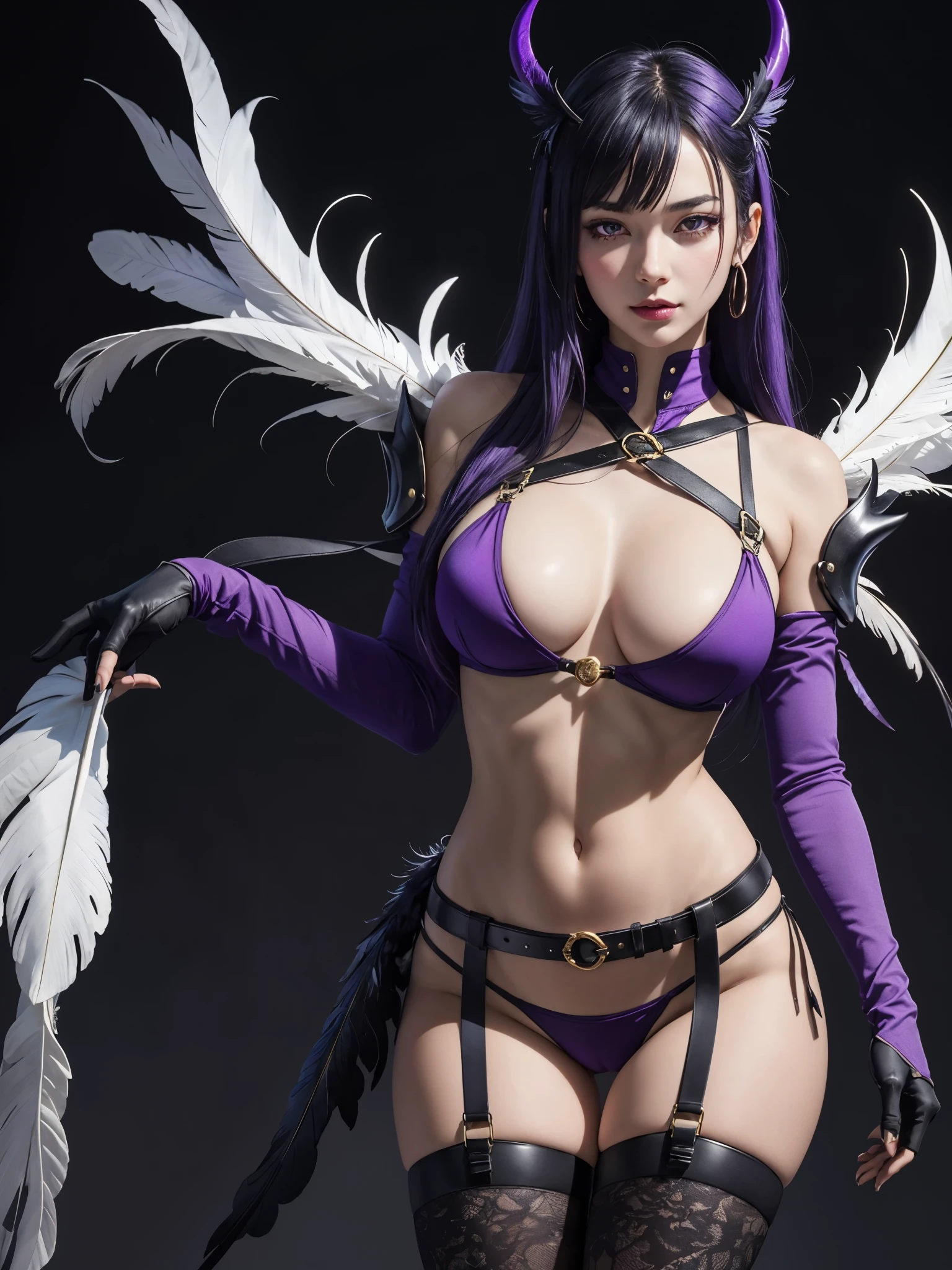 purple theme succubus, BREAK, 1girl, large breasts, very long purple hair, bangs, g-strings, navel, (black feather wing:1.2), leathers, strap gaps, belt, thigh highs, shoulder pad, o-ring, long sleeve glove, detailed face, purple eyes, micro bikini