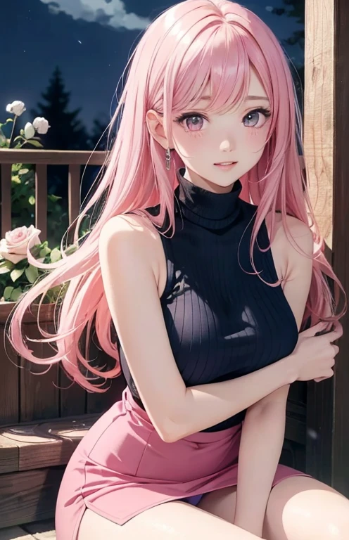 masterpiece、highest quality、High resolution、high quality images、8K, 1 female、skin luster、Texture of skin and clothing、Expression of fine eyes、Shiny pink hair,long pink hair girl, Manga inspired by Lee Jong-suk, trending on deviantart, realism, detailed manga style, manga art style, perfect line drawing, beautiful line drawing, digital manga art girl, K-POPアイドル, dress, Beautiful pink eyes, plump lips, detailed gorgeous face, (cute smile), charm, innocent, Side view, (perfectly detailed face), (fine hands) photorealistic images, Depth of written boundary, half up hairstyle, (Dark blue turtleneck sleeveless knit)、pencil skirt , corolla , cloud,sky sky,night ,star, garden,Rose,The skin is delicate,建物の前にはBlue Roseが咲いている, rose background, rosette, beautiful flower garden, Pastel Roses, blue flower, beautiful and aesthetic, Heavenly Blue, beautiful aesthetics, Pale blue shade, shades of blue, lying on a rose, rose background, pastel overflow, Blue Rose