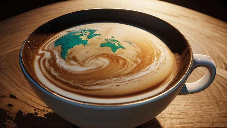 (best quality,4k,8k,highres,masterpiece:1.2) professional painting of the world map in the cup of coffee, Earth-shaped, volumetric light, high quality, (film grain), professionally color graded, highly detailed, UHD