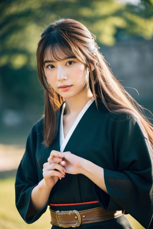 1 girl,full body photo,Japanese,25 years old, medium length black hair,Green Highlight Hair,a little freckles,traditional clothing,Super high quality output image,High resolution,intricate details,Her hair blowing in the wind is so delicate and beautiful,realistic pictures,dream-like,professional lighting,realistic shadow,focus only,beautiful hands,beautiful fingers,Detailed functions of fingers,Detailed clothing characteristics,Detailed characteristics of hair,detailed facial features,Japan castle in the background、Belt sword、Draw your sword、Female samurai serious expression、Highly detailed eye resolution、black and red clothes