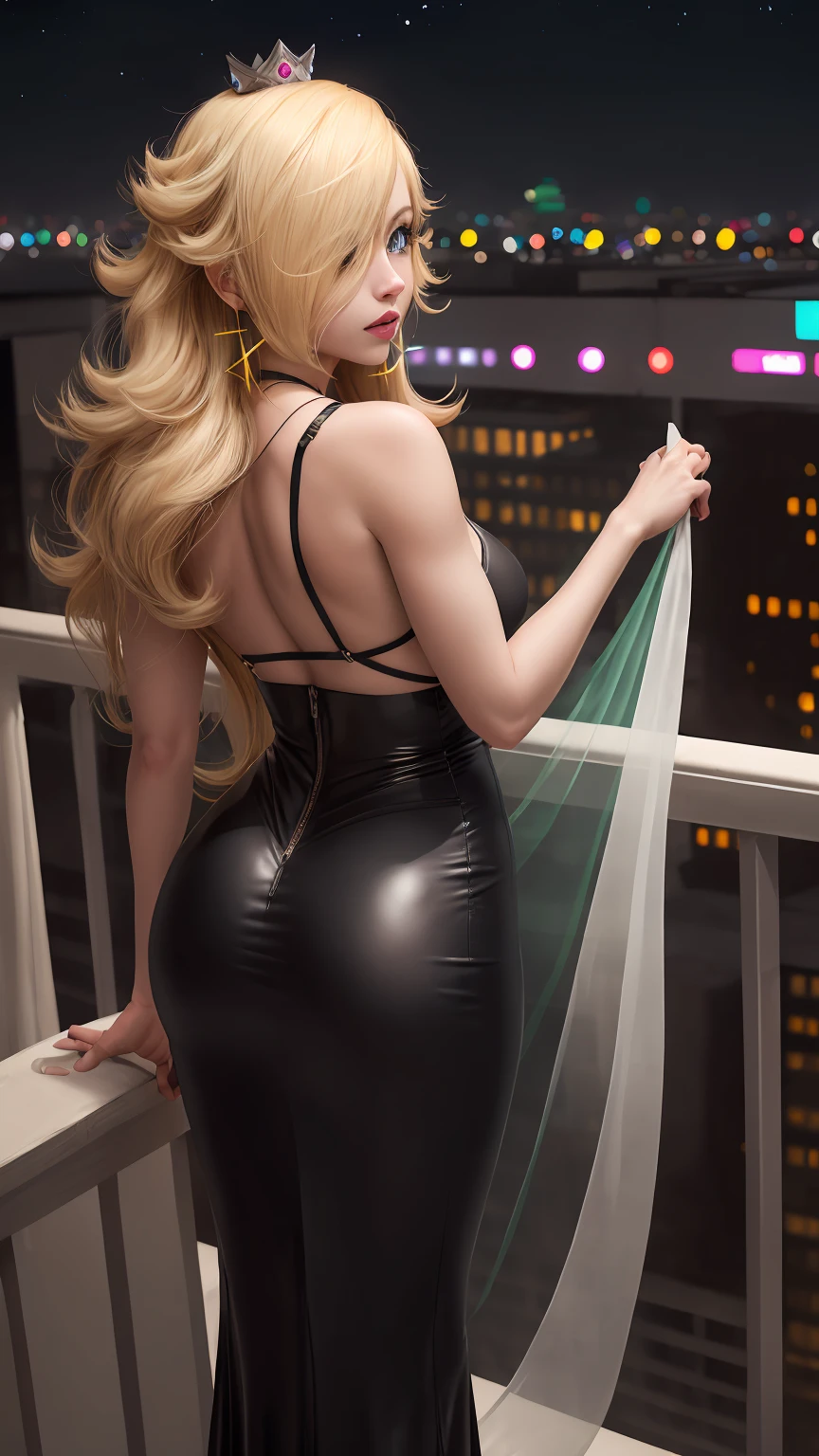 (masterpiece, highest quality, extremely detailed), professional fashion photography, photorealistic, sharp, mature female, long hair, big eyes, hair between eyes, (detailed face and eyes):1.2, ass, oily skin, latex pelvic curtain dress, multiple straps, candid pose, rooftop balcony, lights, moon, bokeh,