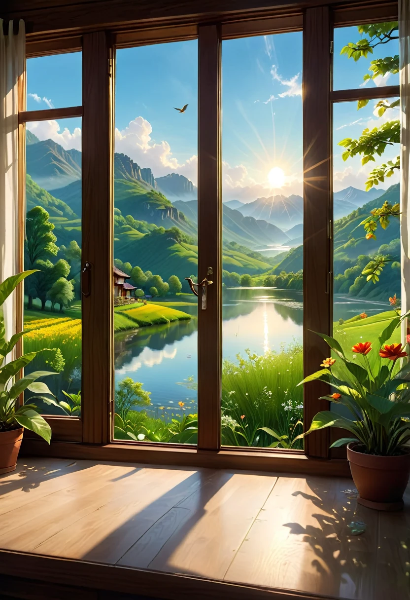 1girl, The View Outside the Window, (4k,8k,highres,:1.2),ultra-detailed,(realistic,photorealistic,photo-realistic:1.37),indoor view,window view,outside scene,outdoor scenery,breathtaking landscape,panoramic view,serene atmosphere,clear blue sky,rolling hills,green meadows,colorful flowers,trees swaying in the wind,sun shining brightly,golden sunlight streaming in through the window,glimmering lake in the distance,crystal-clear water,reflection of the sky on the water surface,lush forests,majestic mountains on the horizon,peaceful countryside,tranquil setting,quiet ambiance,gentle breeze rustling the leaves,morning mist over the fields,tiny birds chirping,soft rays of sunlight illuminating the room,nature's beauty at your doorstep,serenity of the outside world,boundless beauty right outside the window . masterpiece, best quality, very aesthetic, absurdres, aesthetic