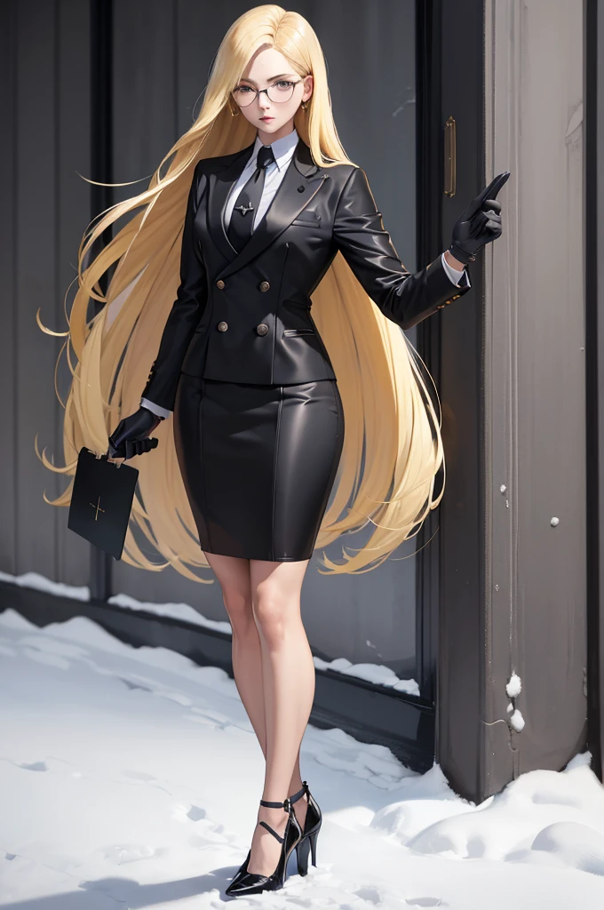 masterpiece, best quality, blonde hair, sfKolin, glasses, black shiny skirt suit, (((three-piece suit))), necktie, blazer, suit jacket, waistcoat, bodycon skirt, snow, grey sky, black gloves, holding clipboard, looking at viewer, high heels