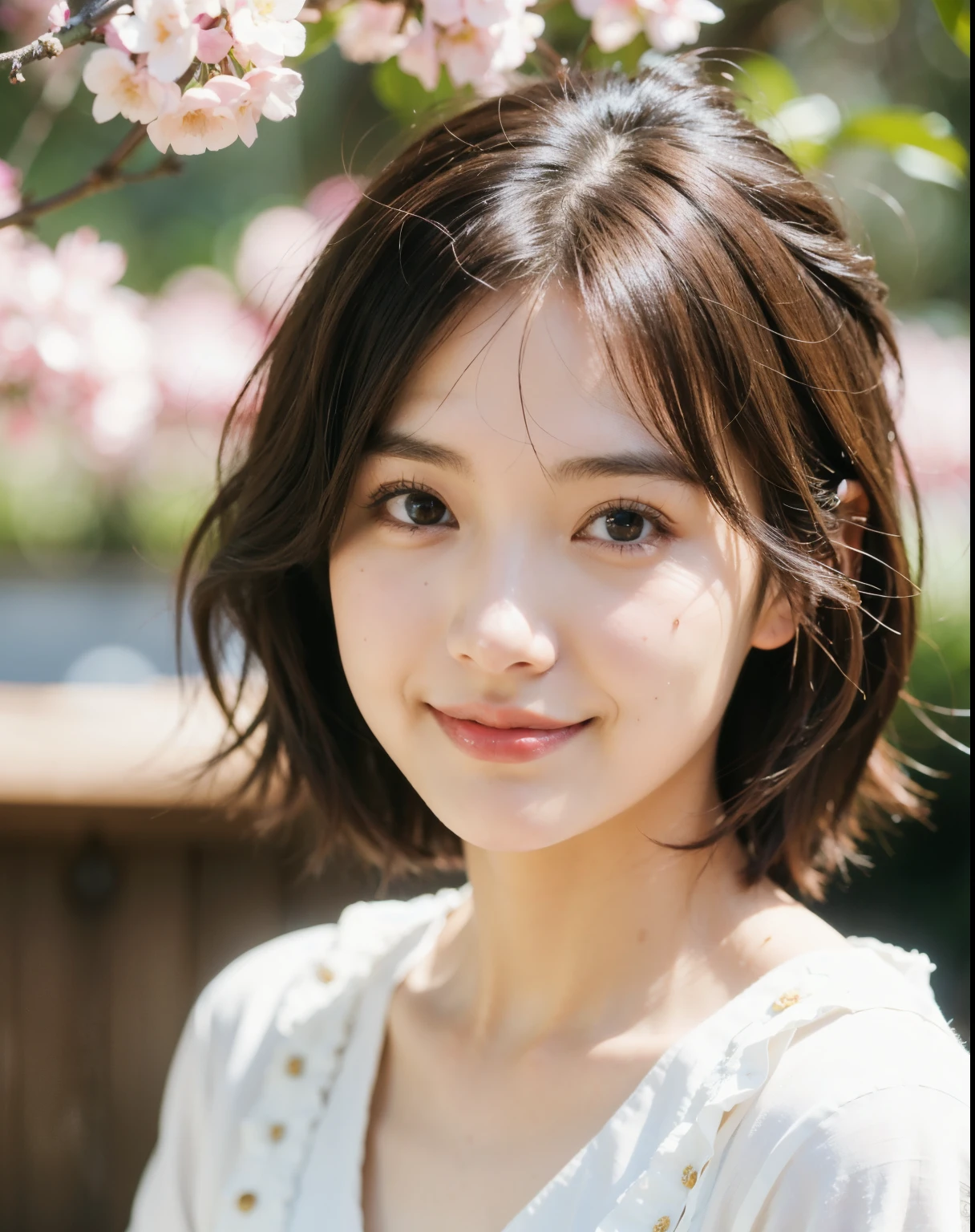 highest quality, face focus, (Depth of the bounds written) ,ultra high resolution, (realistic:1.4),Hanging scrolls (portrait:1.4) 1 japanese girl, alone, cute, smile, (brown eyes), natural face, (short hair), spring clothes,