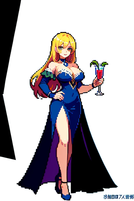 (Pixel art:1.2)、cabaret club、drinking alcohol、Hostess、woman wearing a dress、20age、whole body、off shoulder dress、long hair、blonde、eye color is blue、sexy、1Bust Up、