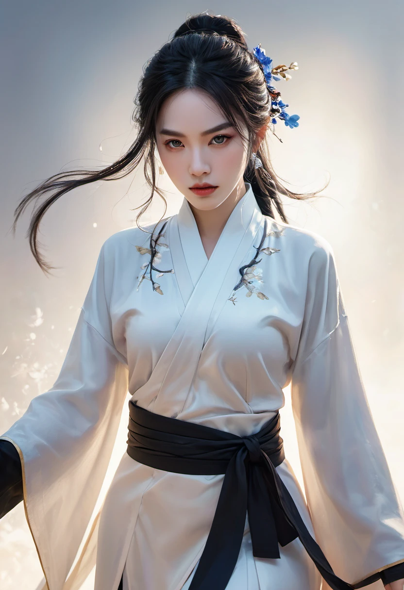 um close de uma mulher com uma espada em um vestido branco, um retrato de personagem de Yang J, trends at cgsociety, arte de fantasia, linda pintura de personagem, artwork in the style of Guweiz, Guweiz, hanfu preto, flowing black robes, wuxia de corpo inteiro, epic and exquisite character art, arte de personagem impressionante, bela assassina feminina