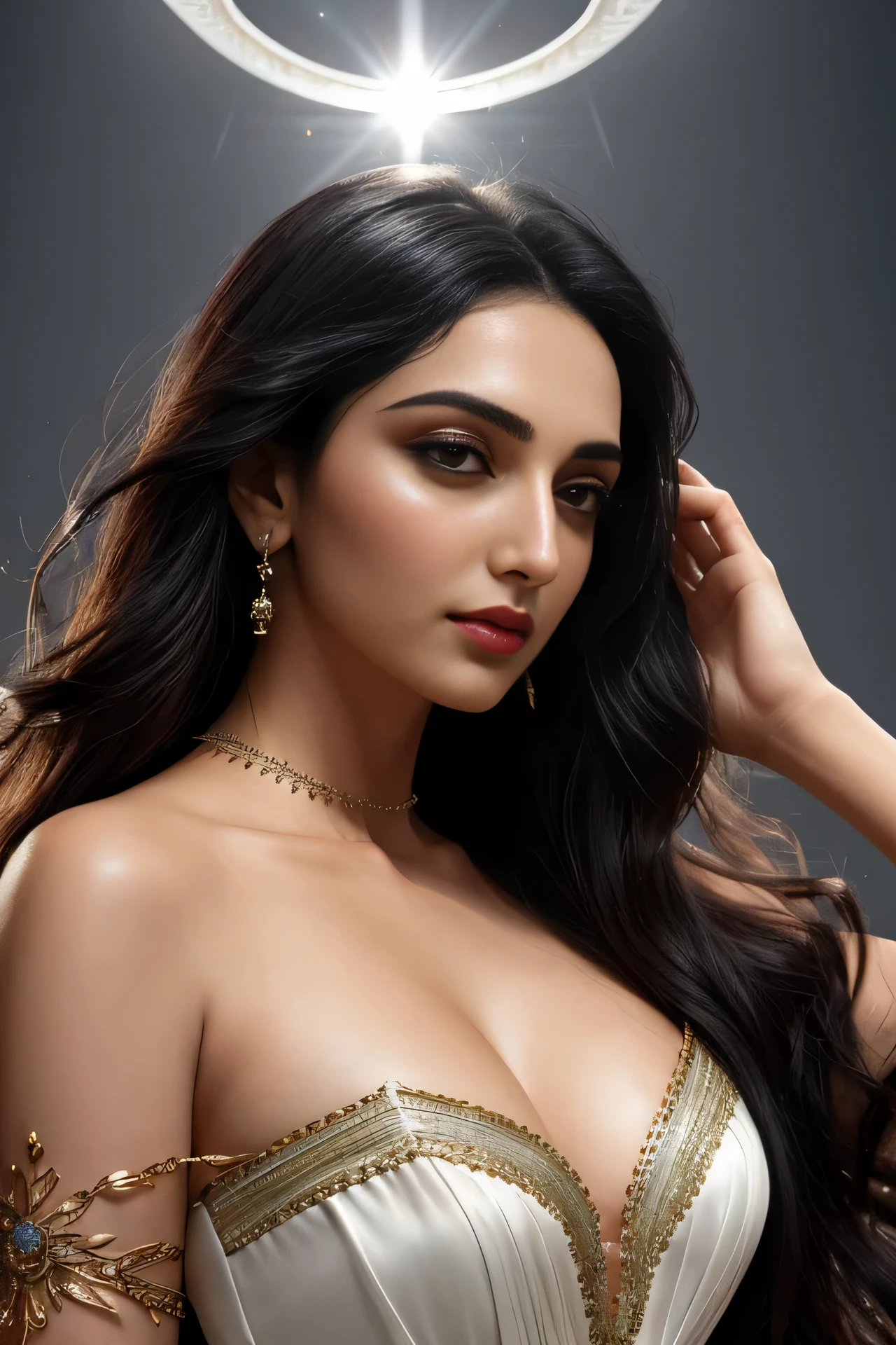 an extreme closeup of amazingly beautiful and exotic women, age 30, long black hair to her waist, europian, doing a promotion of perfume, holdiong a glass made perfume bottle with her fingers close to her shoulder. promotion in the style of fashion queen kiara advani. following the myntra fashion trend of 2024. off the shoulder, desent gradient background,serene disquietude, celestial fashion, elaborate textile patterns, dynamic backlighting, zeno stoic,sunlights,heaven god rays,award-winning photography, the top studio light, backlit, is very breathtaking, very realistic, 8k quality, hyper realistic, ultra realism,high speed, professional photography, eye candy, medium shot, detailded face and features, confident and bold look, front pose, lost in fragrance like expression.