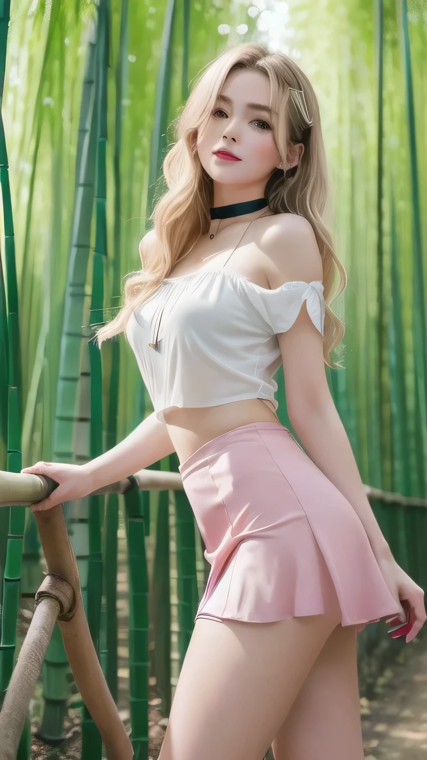 Female1people々,（full body figure:1.2）, （nine-headed body:2.0）, (thin thighs), （long and thin legs: 2.0）,（knee stretch：2.0）,（Height 2/3 is the foot:2.0）, (pumps:1.2), Transparent white glossy skin, 25 years old, Cute sexy little face, red lips, parted lips, ( Hair parted to one side:1.5), blue eyes, sexy face, sexy young woman, long blonde shiny hair,Eyebrows are the same color as hair, choker,（pink blouse :1.3)（pink tight skirt :1.3), natural wavy hair,  almond eye, Beautiful smile, My cheeks turned red, Medium chest, slender body shape, tight waist, small ass, （people々）The visible part of the thigh between the skirt, beautiful hands, thin shoulders, look at the audience, Skirt blowing in the wind, Standing position,  tropical island々, bamboo forest morning