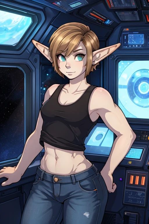 Cute elf, tomboy, space station background, feminine body, thin body, jeans, tanktop, short hair, dark blonde hair, slick back hair, forehead