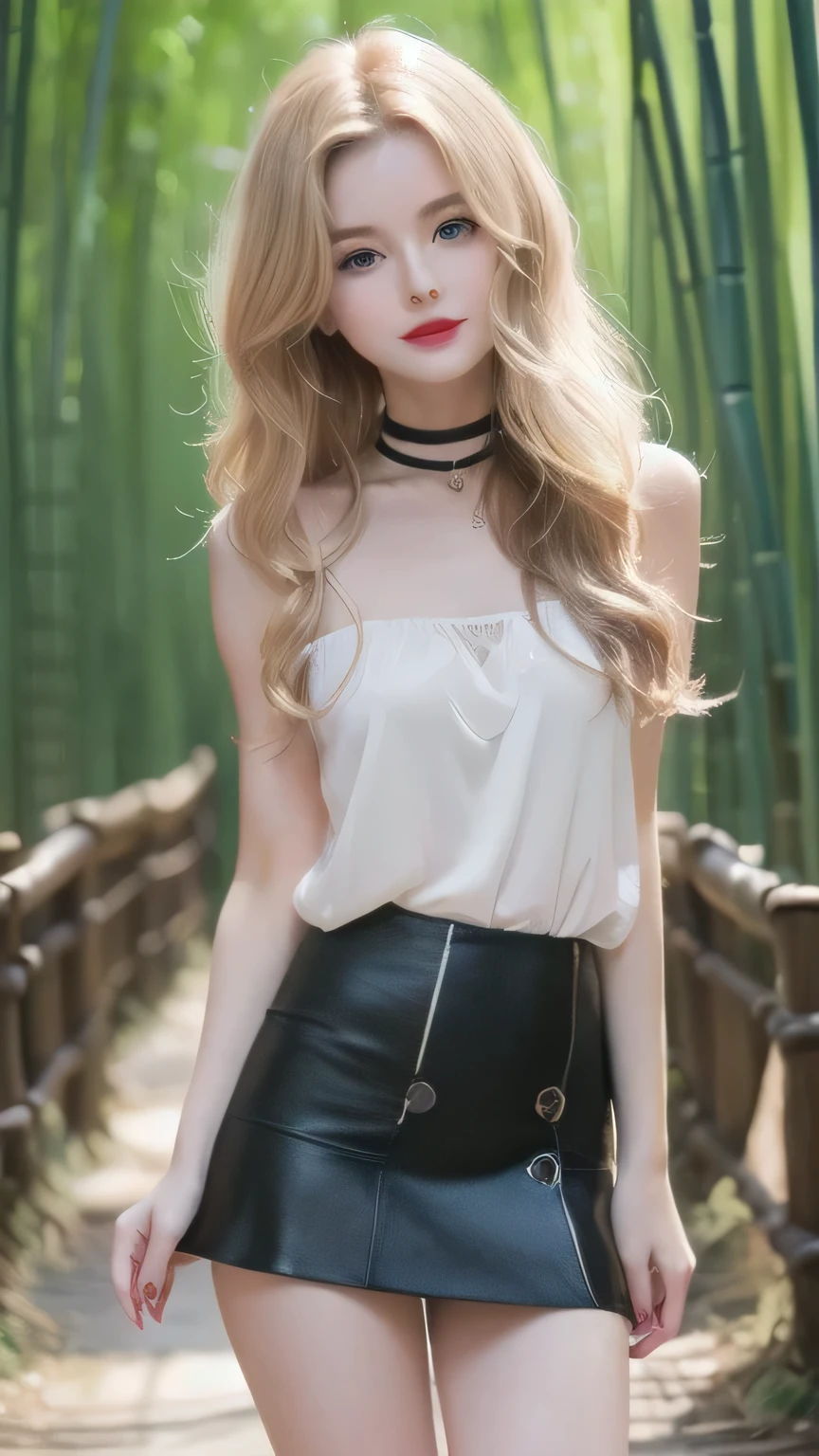 Female1people々,（full body figure:1.2）, （nine-headed body:2.0）, (thin thighs), （long and thin legs: 2.0）,（knee stretch：2.0）,（Height 2/3 is the foot:2.0）, (pumps:1.2), Transparent white glossy skin, 25 years old, Cute sexy little face, red lips, parted lips, ( Hair parted to one side:1.5), blue eyes, sexy face, sexy young woman, long blonde shiny hair,Eyebrows are the same color as hair, choker,（pink blouse :1.3)（pink tight skirt :1.3), natural wavy hair,  almond eye, Beautiful smile, My cheeks turned red, Medium chest, slender body shape, tight waist, small ass, （people々）The visible part of the thigh between the skirt, beautiful hands, thin shoulders, look at the audience, Skirt blowing in the wind, Standing position,  tropical island々, bamboo forest morning