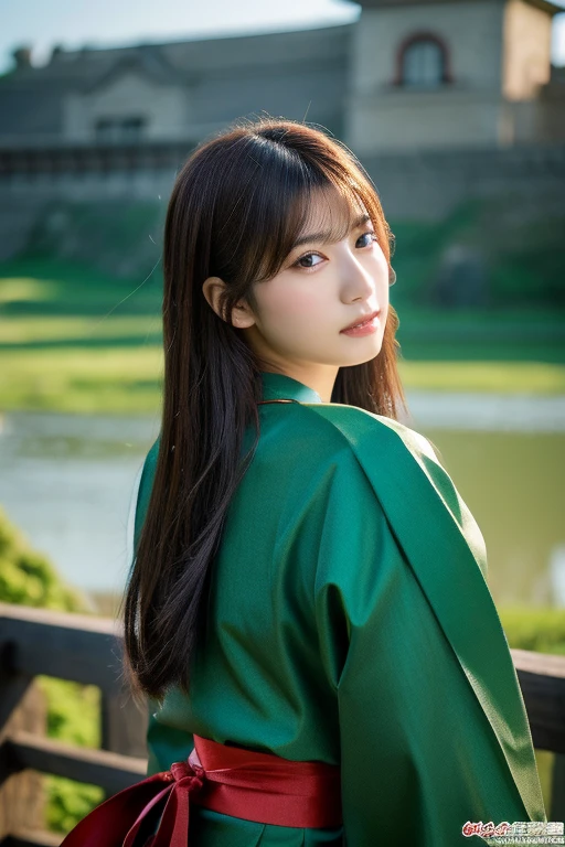 1 girl,full body photo,Japanese,25 years old, medium length black hair,Green Highlight Hair,traditional clothing,Super high quality output image,High resolution,intricate details,Her hair blowing in the wind is so delicate and beautiful,realistic pictures,dream-like,professional lighting,realistic shadow,focus only,beautiful hands,beautiful fingers,Detailed functions of fingers,Detailed clothing characteristics,Detailed characteristics of hair,detailed facial features,Japan castle in the background、Belt sword、Draw your sword、Female samurai serious expression、Highly detailed eye resolution、black and red clothes、light shines in from behind、Backlight