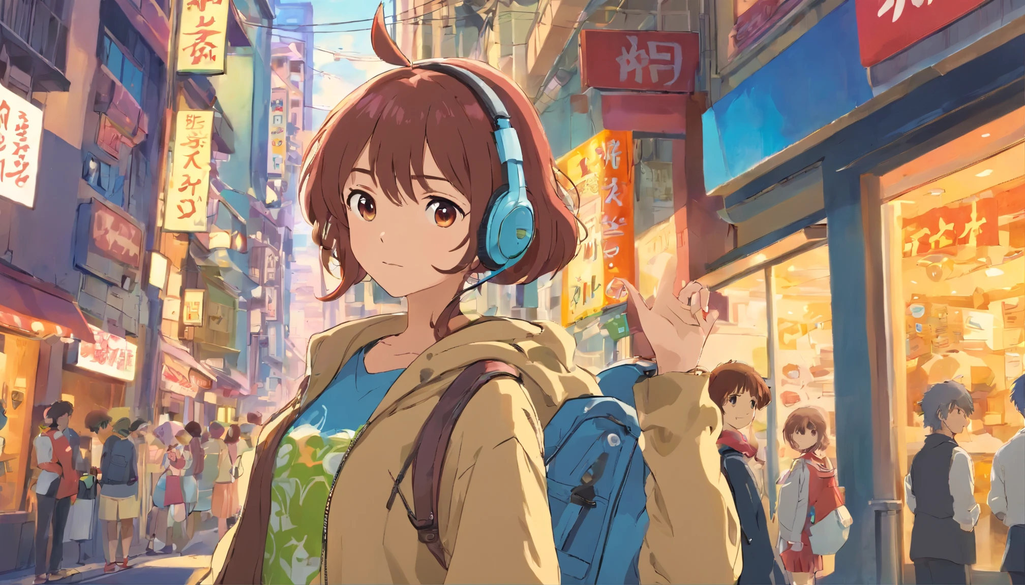 Fashionable city、car、パーカーを着たheadphonesの女の子、from the waist up、headphones、Gaze into the distance to the left、hands in pockets、CityPop、cool、fashionable、Stylish、pop