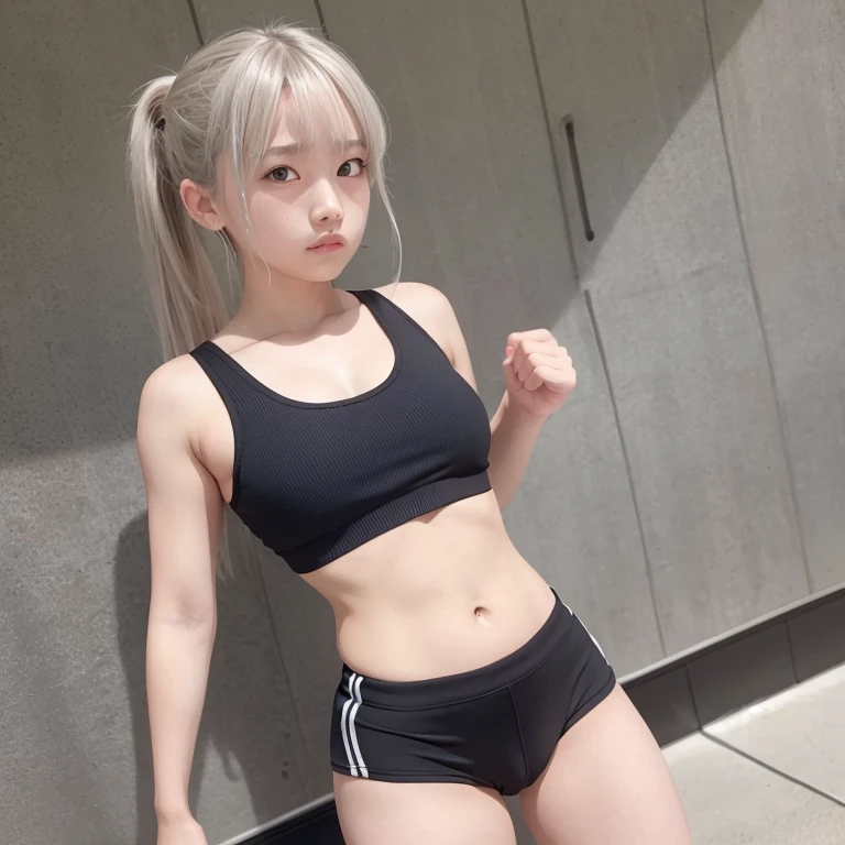 (solo), (detailed full-body RAW photo of a girl), (Masterpiece: 1.0), (Best quality: 1.4), (Ultra resolution: 1.2), (Realistic: 1.4), 8k resolution, Canon EOS R5, 50mm, absurd, ultra detail, (18yo), clear focus, cinematic lighting, detailed beautiful face, (makeup: 1.2), (ulzzang-6500-v1.1), petite figure, detailed skin texture, pale skin, Flat, (slim toned figure: 1.3), thigh gaps, fine blonde hair, (very messy hair: 1.5), (Avril Avril Avril: 0.7), smile, (sports bra, sports leggings: 1.4), realistic sparkling skin, (bedroom: 1), (Carmelto: 1.3), (sweating: 1.45), slender waistline, seductive smile, harassed by men
