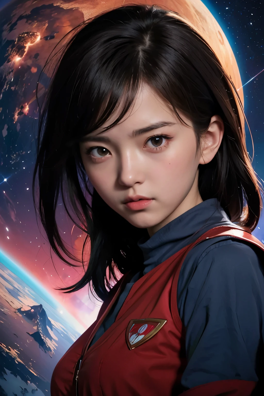 Anime girl with long hair and red vest looking at the camera, portrait anime space cadet girl, art germ jsc, art germ and atey ghailan, alena aenami and art germ, range murata and art germ, art germ. high detail, makoto shinkai and art germ, IG model | art germ