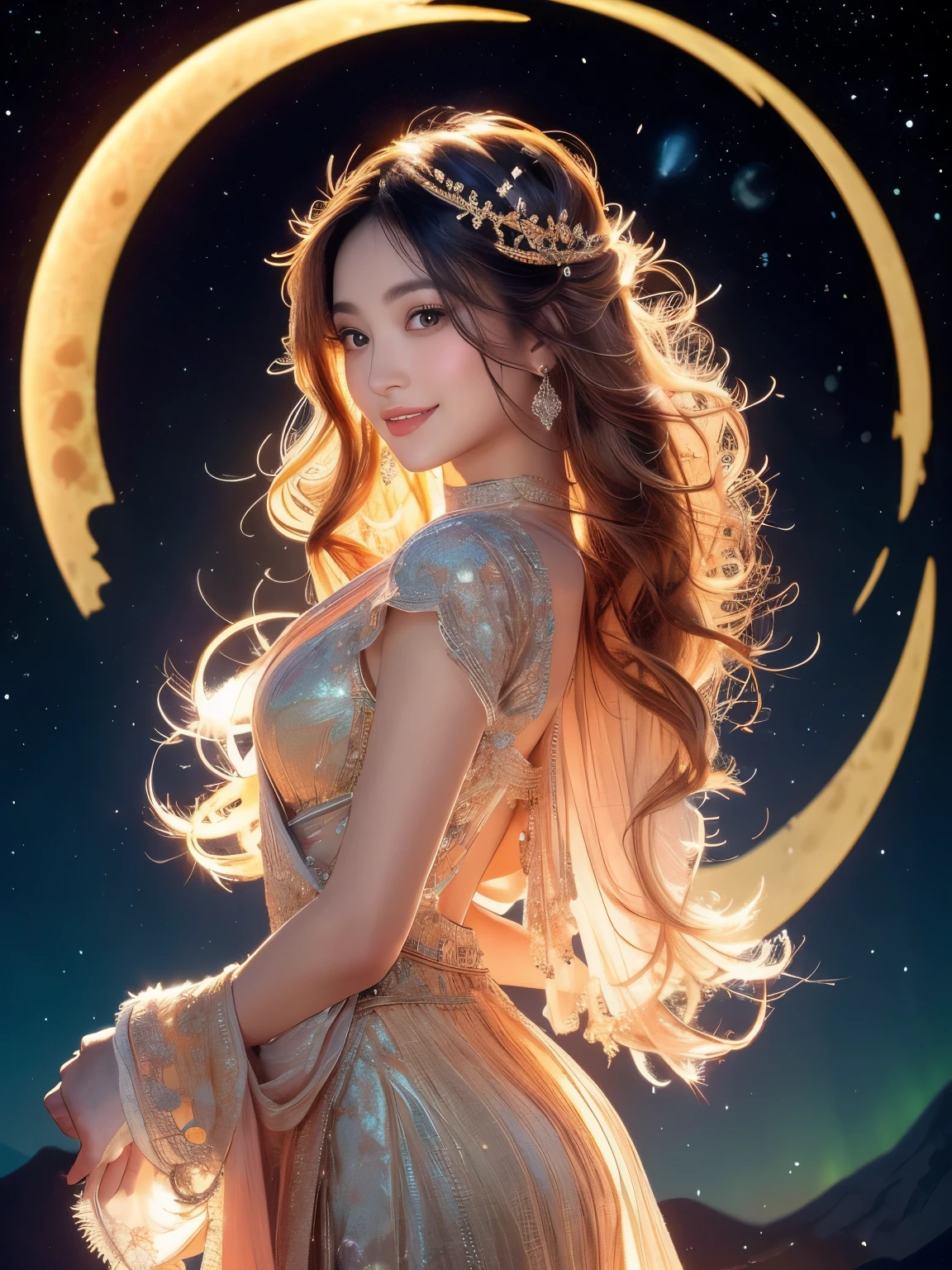 (Sun, moon and stars，night sky)，(​Masterpiece、top quality、top quality、official art、Exquisite and beautiful:1.2)、The background is a random island on the Internet，(1 girl in)、((Staff，Buddha&#39;s light，Current Ions，aurora))，Very detailed、(fractal art:1.3)、Colorful、most detailed,(Posture in motion:1.4)、Beautiful and delicate face with details、Beautiful and delicate eyes with details、Very fine eye definition, (symmetrical eyes:1.3),((natural smile)),Floral fragrance,feather、Goddess image
