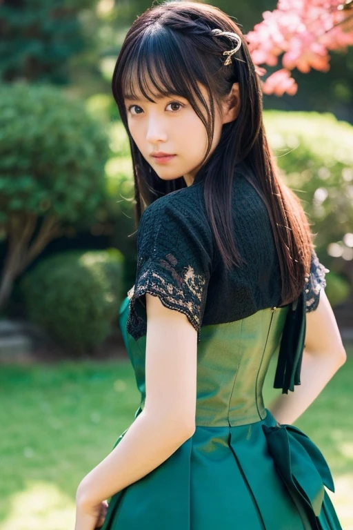 1 girl,full body photo,Japanese,25 years old, medium length black hair,Green Highlight Hair,traditional clothing,Super high quality output image,High resolution,intricate details,Her hair blowing in the wind is so delicate and beautiful,realistic pictures,dream-like,professional lighting,realistic shadow,focus only,beautiful hands,beautiful fingers,Detailed functions of fingers,Detailed clothing characteristics,Detailed characteristics of hair,detailed facial features,Japan castle in the background、Belt sword、Draw your sword、Female samurai serious expression、Highly detailed eye resolution、black and red clothes、light shines in from behind、Backlight