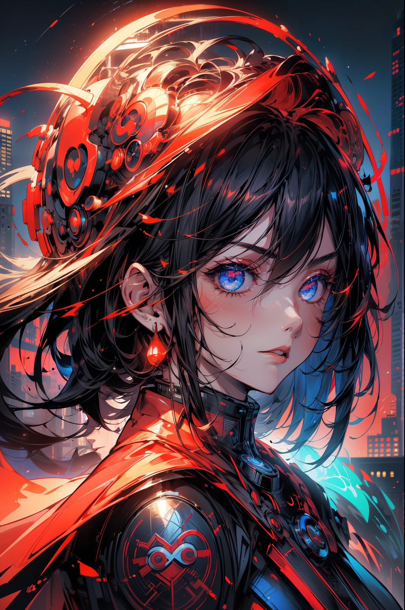 (masterpiece, highest quality, highest quality, official art, beautiful and aesthetic:1.2),(red neon lights), (vivid shine), dynamic colors, striking contrast, futuristic atmosphere, electrical energy,Glossy reflective surface,(cityscape:1.3),8K,formula wallpaper, highest quality,It's better to draw the style