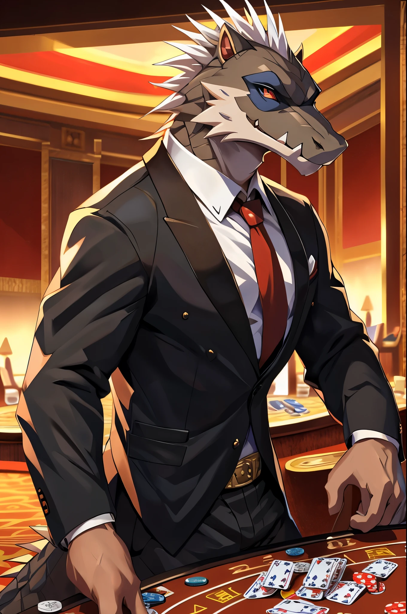 posted on e621 (by Chunie), furry, male, crocodile anthro, solo, (Realistic eye details:1.2), (beautiful detailed eyes), anime character there is a Daylon (Dislyte) male, casino, Black suit, Red tie, win the game, Playing Poker Texas hold'em, Five-card draw, Omaha hold'em), the place is busy with people around the casino, perfect anatomy, realistic anatomy, full body like, slim body, good looking, anime style, 8k, 4k anime wallpaper, anime art wallpaper 8 k, 2 d art, 2d art, anime art wallpaper 4k, detail art