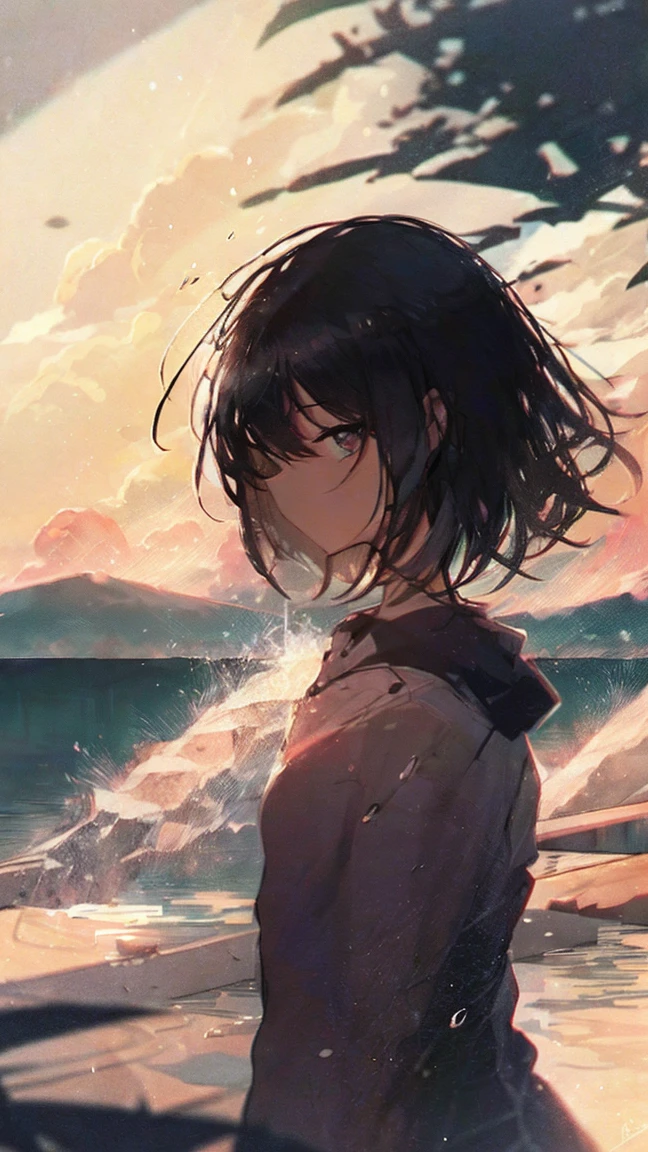 Product illustration of a girl in the rain,cherry blossoms,water中で,water,black hair,short bob,playing in the river