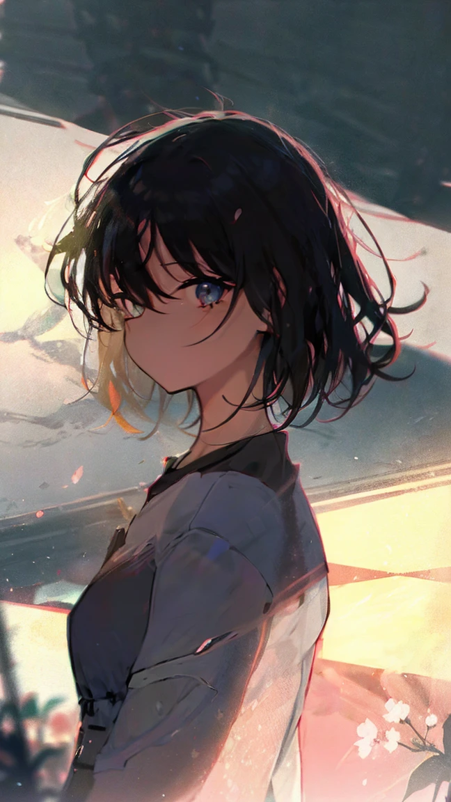 Product illustration of a girl in the rain,cherry blossoms,water中で,water,black hair,short bob,playing in the river