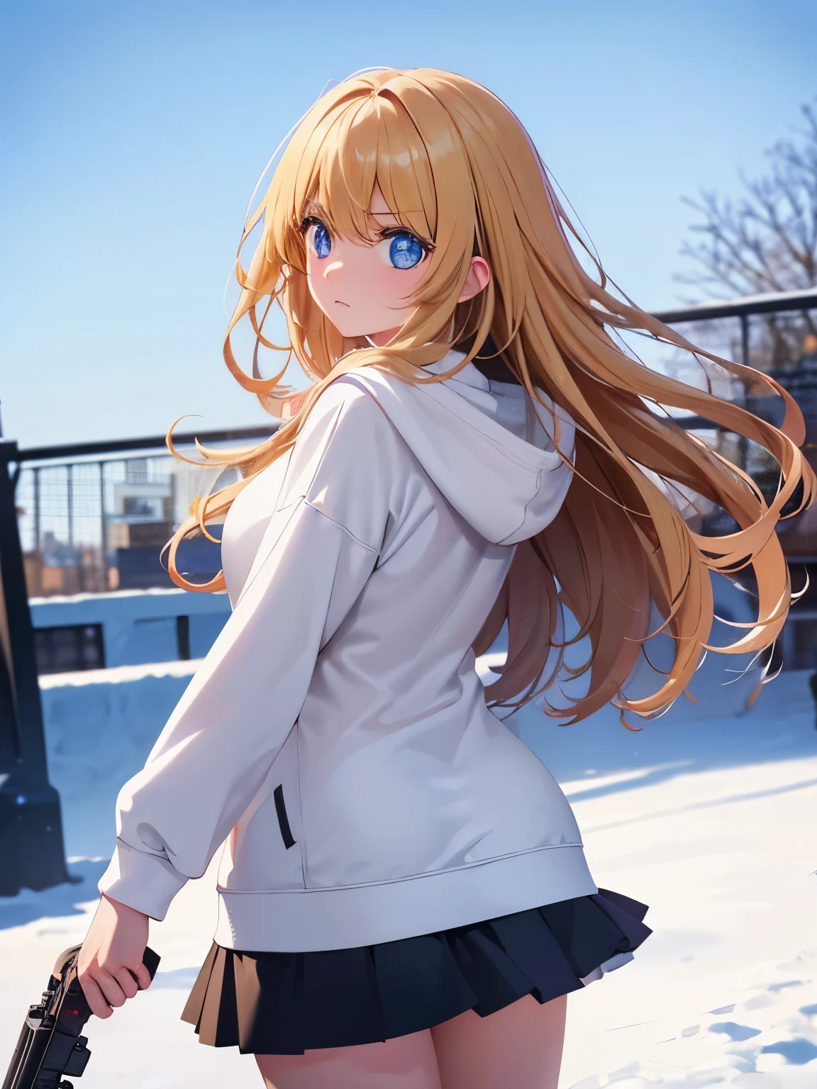 1woman,super beautiful,morning,Facing backwards, camera angle from behind,walking,Holding a gun,angry expression,cute,morning,snow backgrounds,half body photo,Beautiful eyes, very detailed face,cute,long hoodie,white hoodie, tennis skirt,HD face, perfect face,black mini skirt,black mini skirt,Very big breasts,Blonde hair,long hair,wavy hair,bangs,blue eyes,ultra detail,ultra Hd, masterpiece,4k