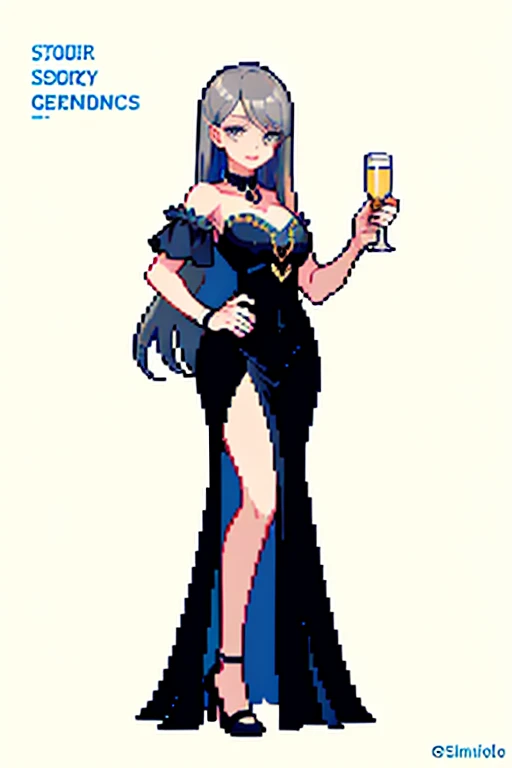 (Pixel art:1.2)、cabaret club、Champagne in hand、Hostess、woman wearing a dress、20age、whole body、off shoulder dress、long hair、gray hair、eye color is blue、dress with open chest